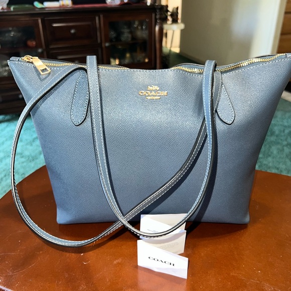 Coach Denim Leather Zip Top Tote Bag - Picture 1 of 5